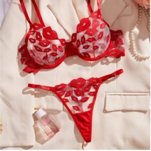Deep V-Neck Lace Sheer Fashionable Alluring Design Sleepwear Set