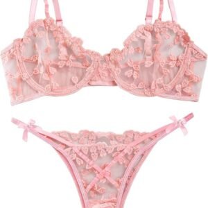 Lilosy Sexy Underwire Cute Push Up Strappy Embroidered Mesh Sheer Lingerie Set