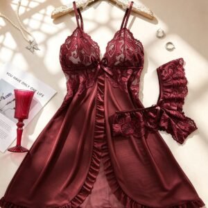 2pcs Plus Size Women Lace & Mesh Patchwork V-Neck Camisole Lingerie Set