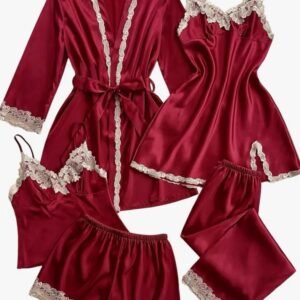 Wine Red Satin 5-Piece Lace Trim Sleepwear