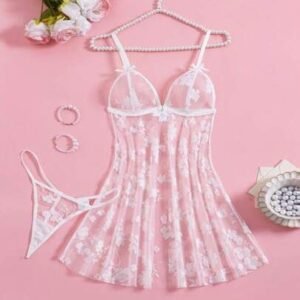 2pcs/Set Women Sexy Floral Mesh Front Closure Pajama Set